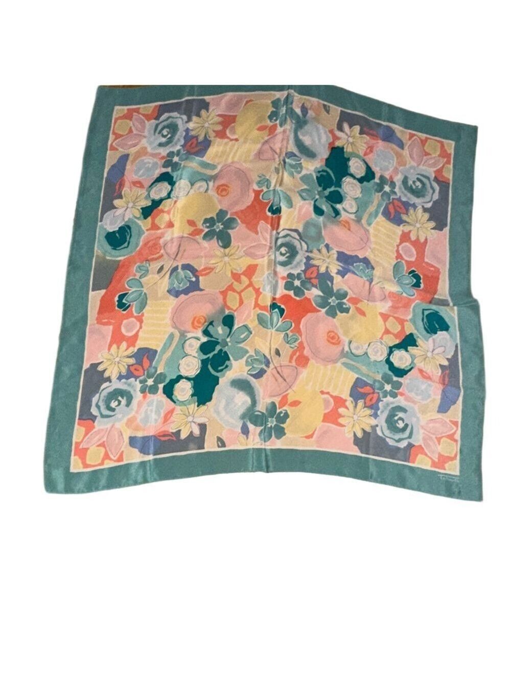 Talbots Multicolor Floral Scarf with Teal Edge
